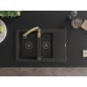 Mexen Gaspar fregadero de granito de 1,5 senos con escurridor y grifo de cocina Savita, negro/dorado - 6507-75-672601-50-B
