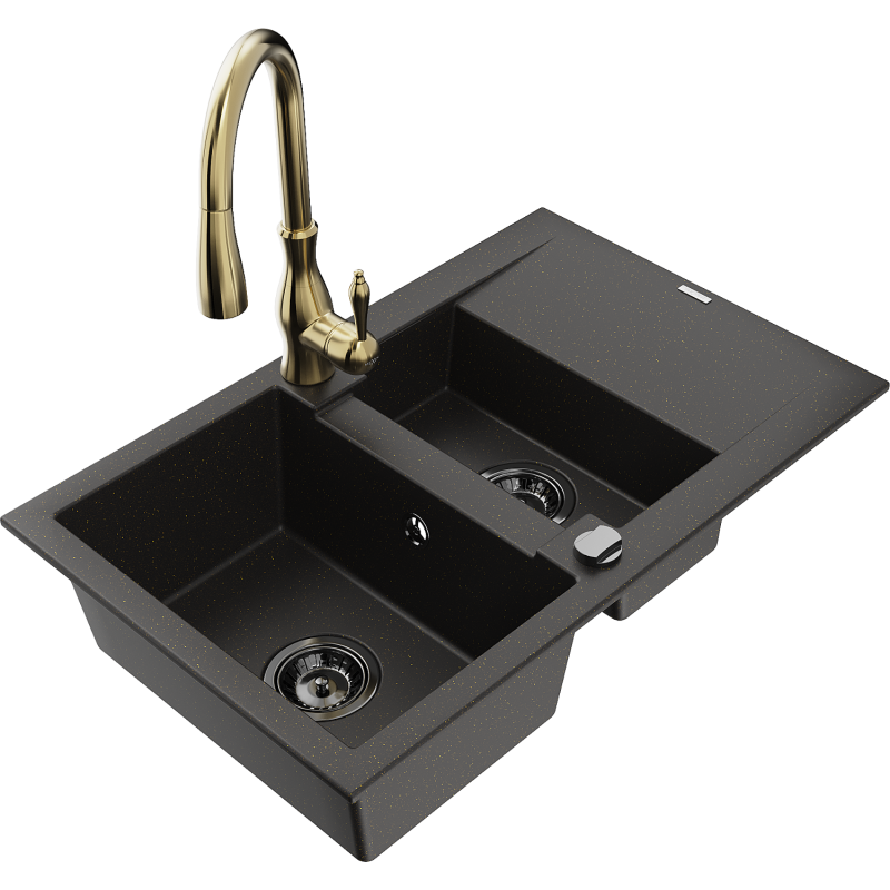 Mexen Gaspar lava-louça de granito 1,5-câmara com escorredor e torneira de cozinha Savita, preto/dourado - 6507-75-672601-50-B