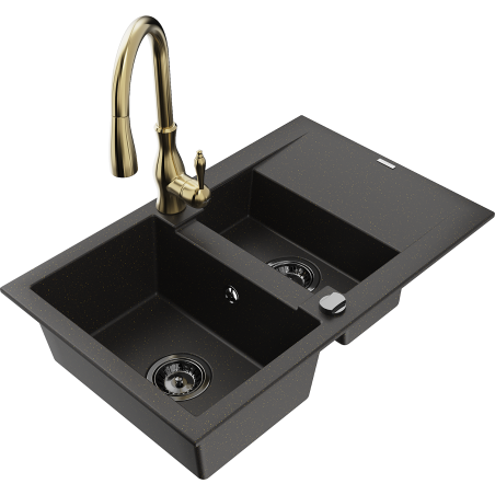 Mexen Gaspar granite sink 1.5-bowl with drainer and Savita kitchen tap, black/gold - 6507-75-672601-50-B