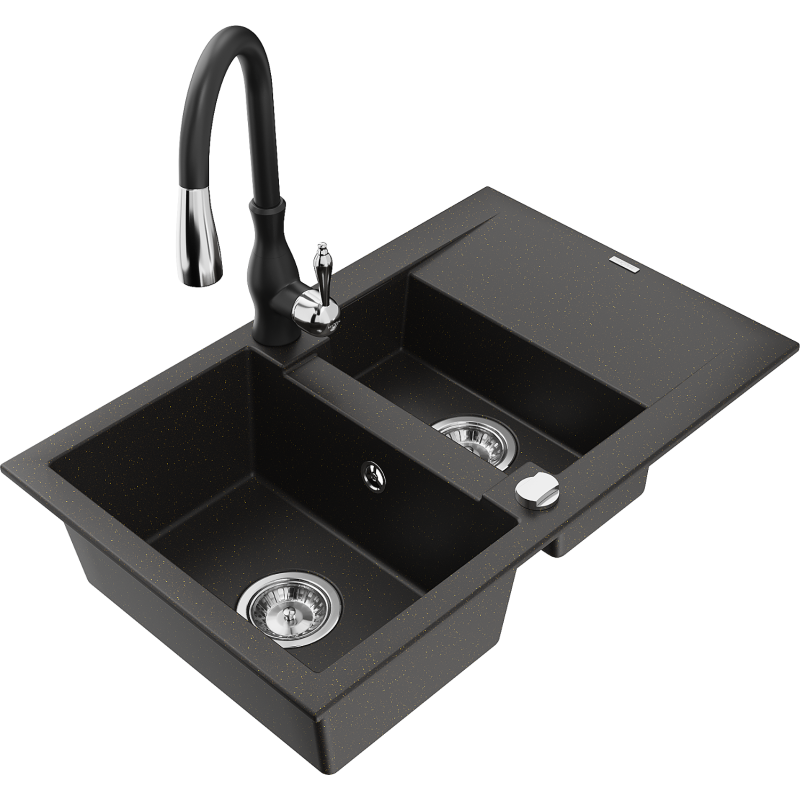 Mexen Gaspar fregadero de granito de 1,5 senos con escurridor y grifo de cocina Savita, negro/dorado - 6507-75-672601-70