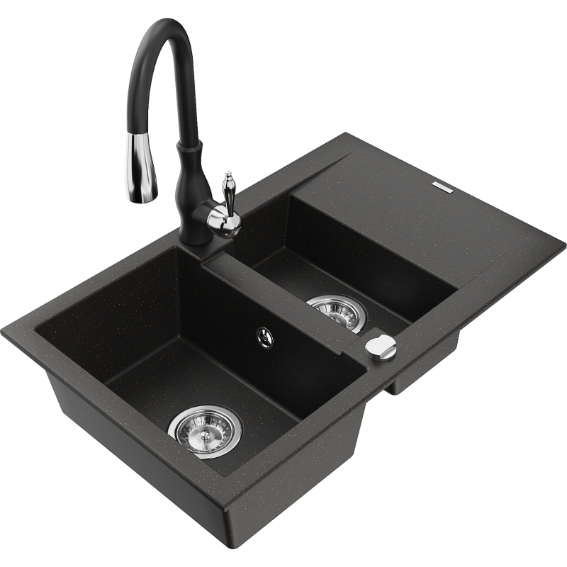 Mexen Gaspar granite sink 1.5-bowl with drainer and Savita kitchen tap, black/gold - 6507-75-672601-70