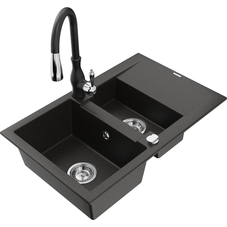 Mexen Gaspar granite sink 1.5-bowl with drainer and Savita kitchen tap, black/gold - 6507-75-672601-70