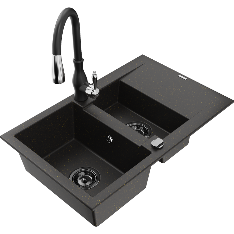 Mexen Gaspar fregadero de granito de 1,5 senos con escurridor y grifo de cocina Savita, negro/dorado - 6507-75-672601-70-B