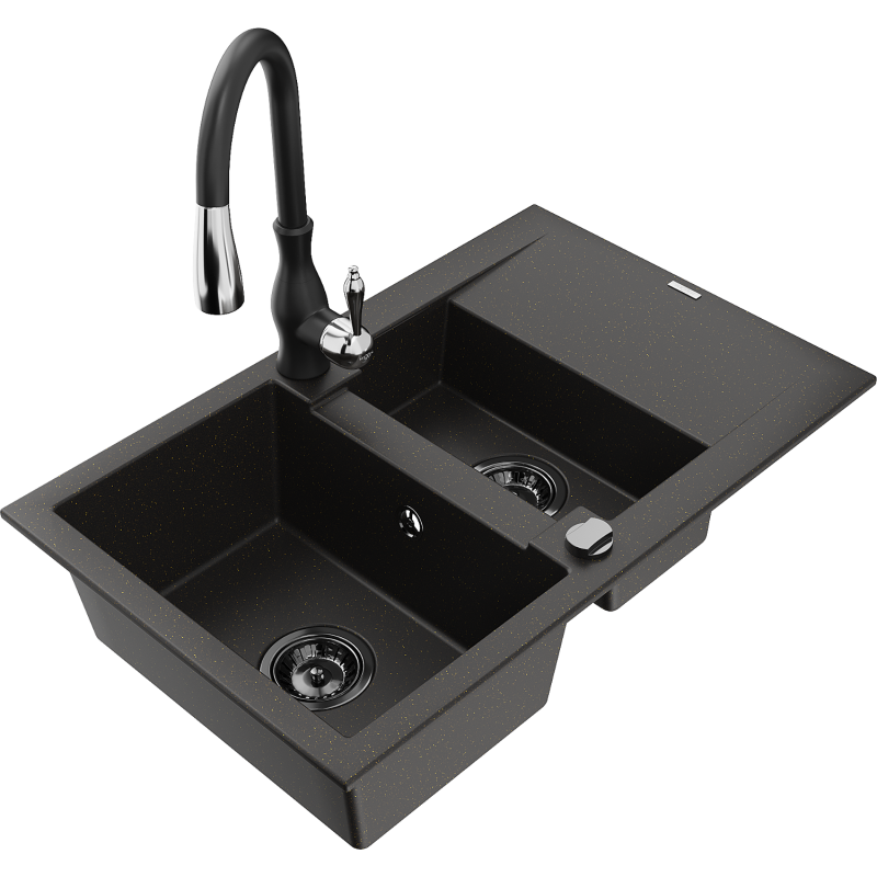 Mexen Gaspar lava-louça em granito 1,5-comportas com escorredor e torneira de cozinha Savita, preto/dourado