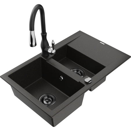 Mexen Gaspar fregadero de granito de 1,5 senos con escurridor y grifo de cocina Savita, negro/dorado - 6507-75-672601-70-B