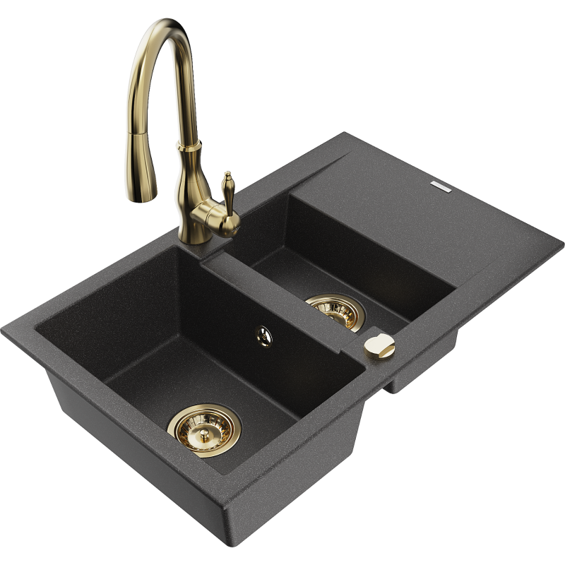 Mexen Gaspar granite sink 1.5-bowl with drainer and Savita kitchen tap, black speckled - 6507-76-672601-50
