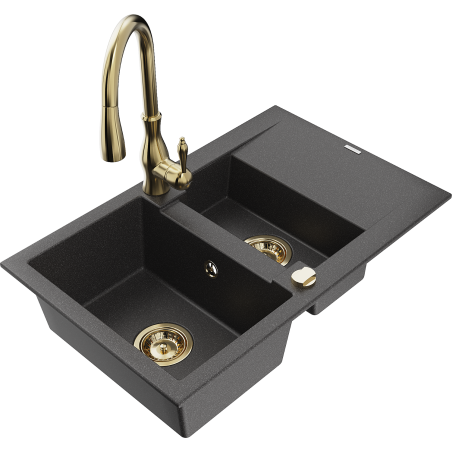 Mexen Gaspar granite sink 1.5-bowl with drainer and Savita kitchen tap, black speckled - 6507-76-672601-50