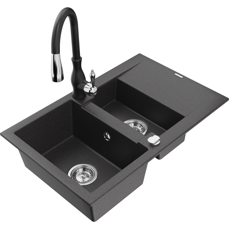 Mexen Gaspar 1.5-bowl granite sink with drainer and Savita kitchen tap, black speckled - 6507-76-672601-70