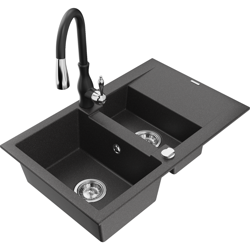 Mexen Gaspar lavello in granito a 1,5 vasche con gocciolatoio e rubinetto cucina Savita, nero punteggiato - 6507-76-672601-70