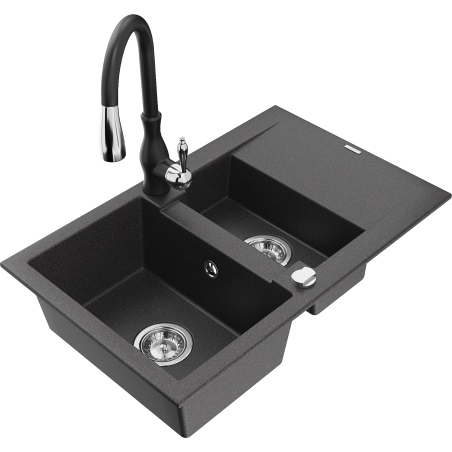 Mexen Gaspar 1.5-bowl granite sink with drainer and Savita kitchen tap, black speckled - 6507-76-672601-70