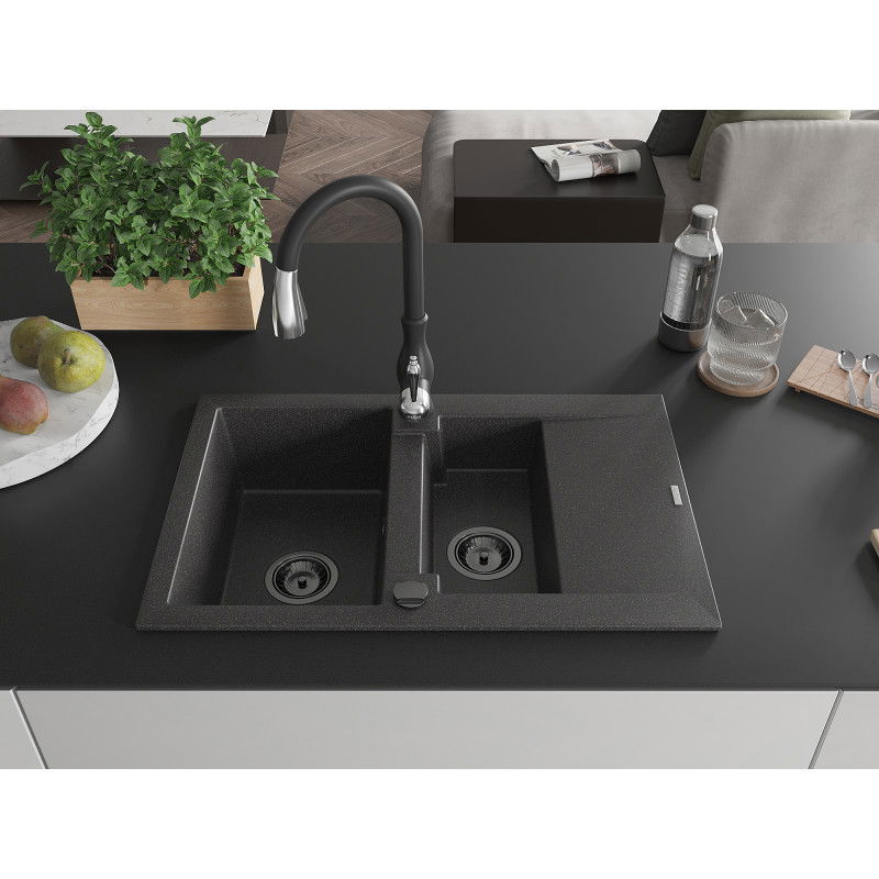 Mexen Gaspar granite sink 1.5-bowl with drainer and Savita kitchen tap, black speckled - 6507-76-672601-70-B