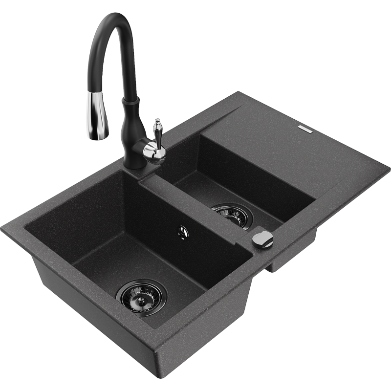 Mexen Gaspar granieten gootsteen 1,5-kamer met afdruiprek en keukenkraan Savita, zwart gespikkeld - 6507-76-672601-70-B