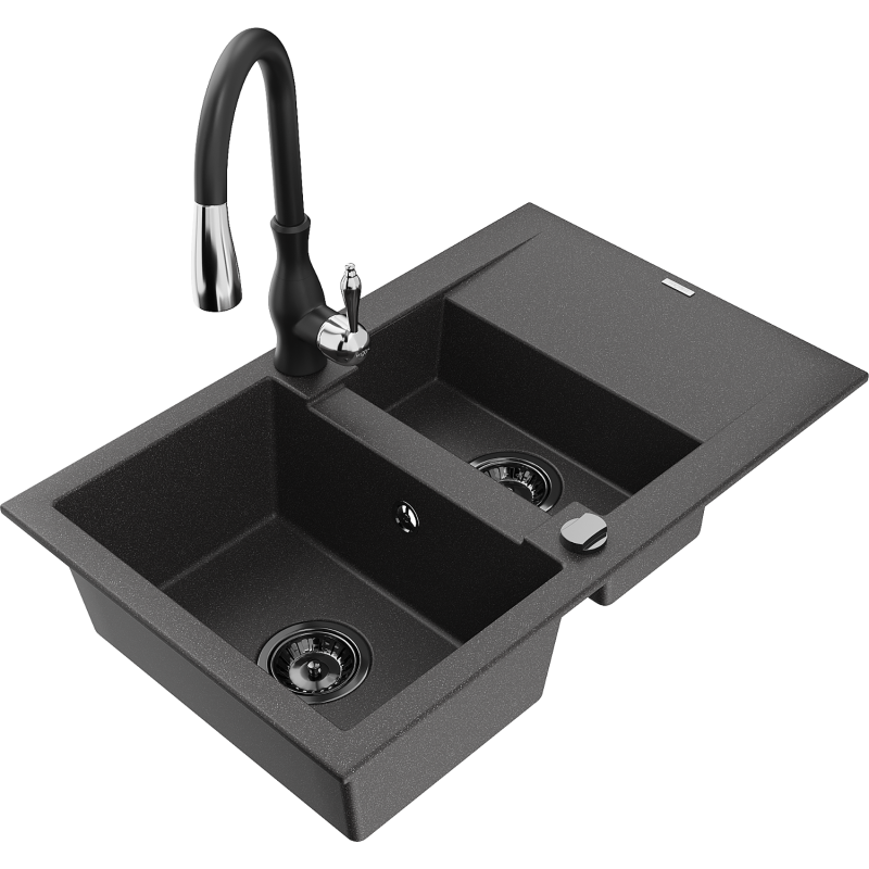 Mexen Gaspar granite sink 1.5-bowl with drainer and Savita kitchen tap, black speckled - 6507-76-672601-70-B