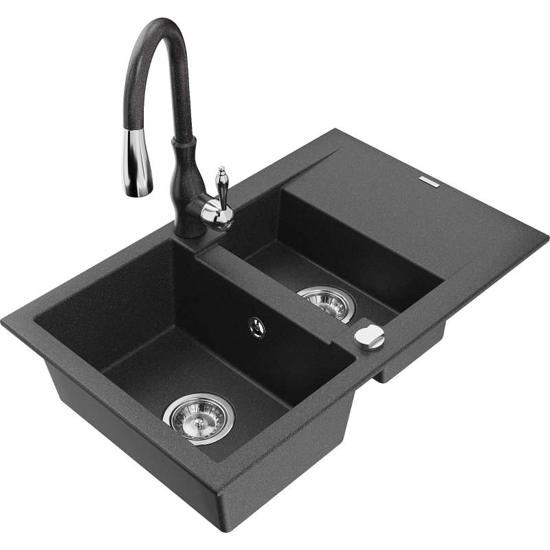 Mexen Gaspar Granitdiskho 1,5-kammare med avrinningsyta och köksblandare Savita, svart prickig - 6507-76-672601-76