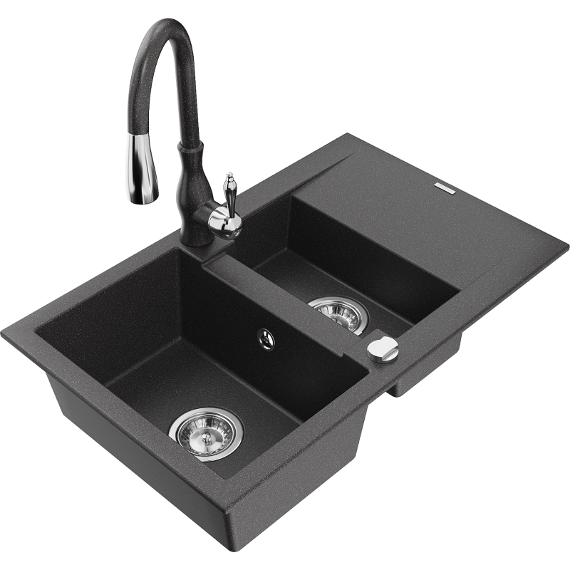 Mexen Gaspar granite sink 1.5-bowl with drainer and Savita kitchen tap, black speckled - 6507-76-672601-76
