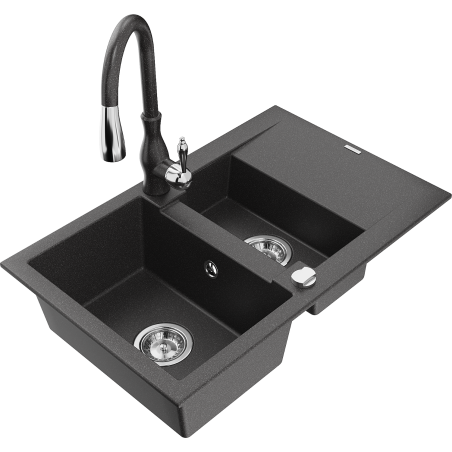 Mexen Gaspar granite sink 1.5-bowl with drainer and Savita kitchen tap, black speckled - 6507-76-672601-76