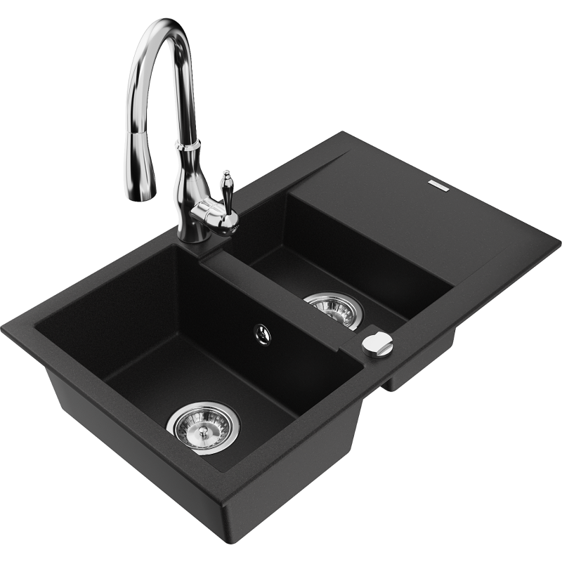Mexen Gaspar granite sink 1.5-bowl with drainer and Savita kitchen tap, black - 6507-77-672601-00