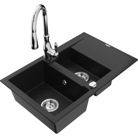 Mexen Gaspar granite sink 1.5-bowl with drainer and Savita kitchen tap, black - 6507-77-672601-00