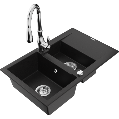 Mexen Gaspar lava-loiça de granito com 1,5 compartimentos com escorredor e torneira de cozinha Savita, preto