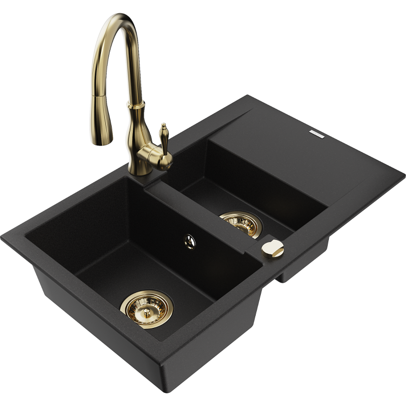 Mexen Gaspar granitdiskho 1,5-skålar med avrinningsområde och köksblandare Savita, svart - 6507-77-672601-50