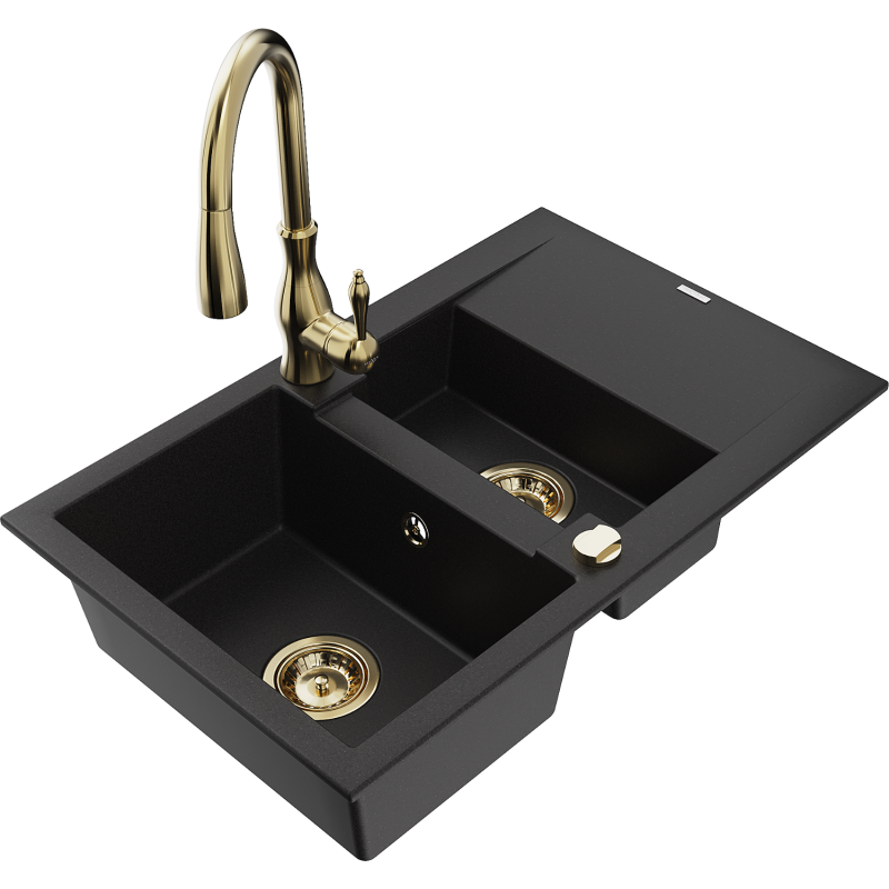 Mexen Gaspar granite sink 1.5-bowl with drainer and Savita kitchen tap, black - 6507-77-672601-50