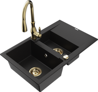 Mexen Gaspar granite sink 1.5-bowl with drainer and Savita kitchen faucet, black - 6507-77-672601-50