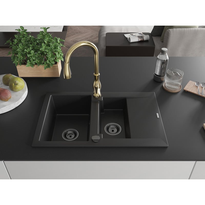Mexen Gaspar granite sink 1.5-bowl with drainer and Savita kitchen tap, black - 6507-77-672601-50-B
