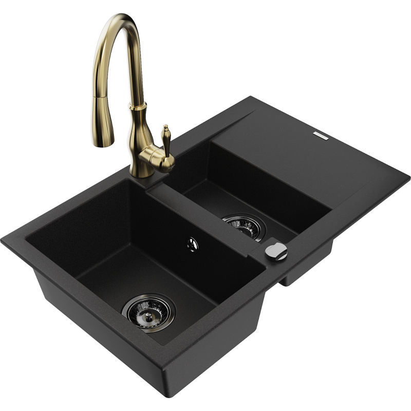 Mexen Gaspar fregadero de granito de 1,5 senos con escurridor y grifo de cocina Savita, negro - 6507-77-672601-50-B