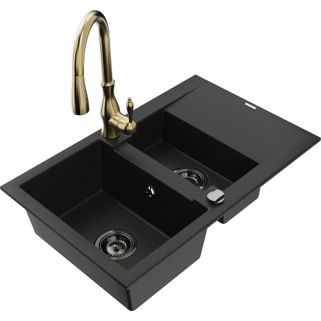 Mexen Gaspar granite sink 1.5-bowl with drainer and Savita kitchen tap, black - 6507-77-672601-50-B