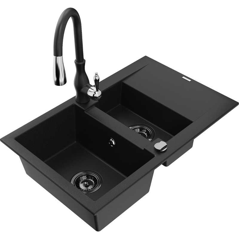 Mexen Gaspar fregadero de granito 1,5 tazones con escurridor y grifo de cocina Savita, negro - 6507-77-672601-70-B