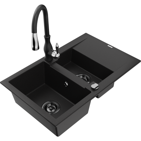 Mexen Gaspar fregadero de granito 1,5 tazones con escurridor y grifo de cocina Savita, negro - 6507-77-672601-70-B