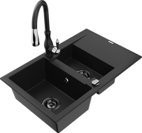 Mexen Gaspar granite sink 1.5-bowl with drainer and Savita kitchen faucet, black - 6507-77-672601-70-B