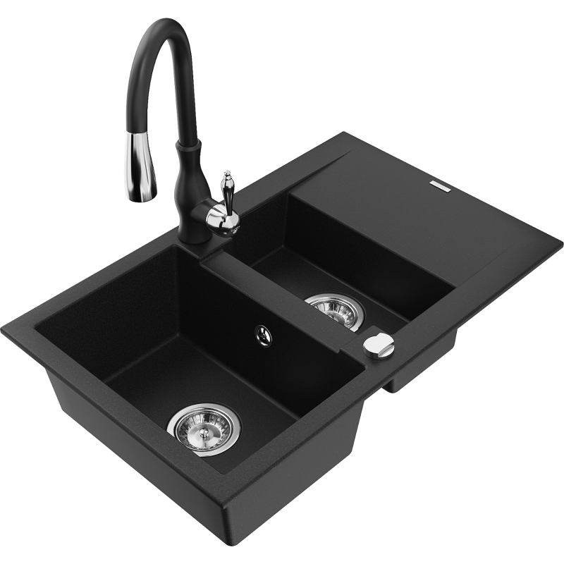 Mexen Gaspar granitdiskho 1,5-kammare med avrinningsområde och kökskran Savita, svart - 6507-77-672601-70
