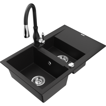 Mexen Gaspar granite sink 1.5-bowl with drainer and Savita kitchen tap, black - 6507-77-672601-70