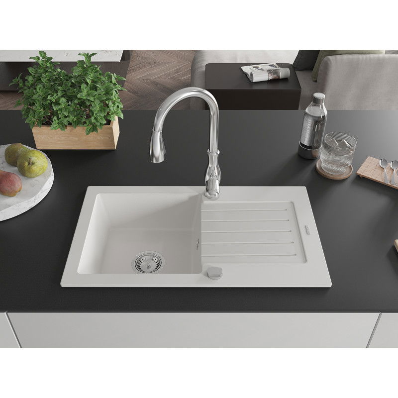 Mexen Pablo 1-bowl granite sink with drainer and Savita kitchen tap, white - 6510-20-672601-00