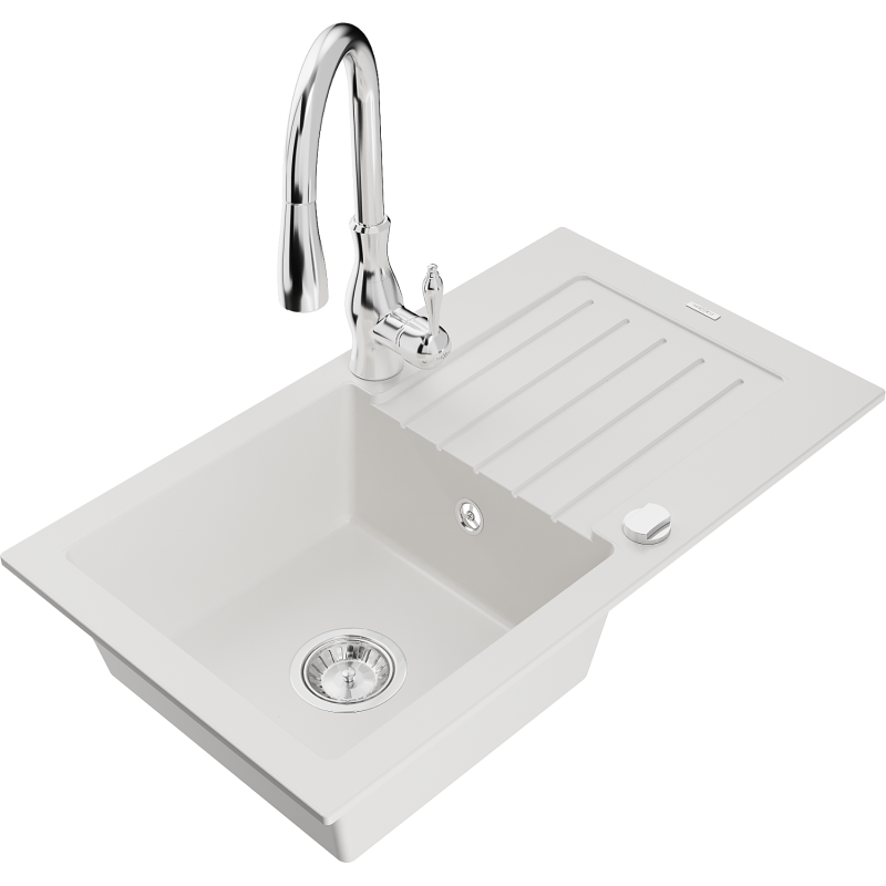 Mexen Pablo 1-bowl granite sink with drainer and Savita kitchen tap, white - 6510-20-672601-00