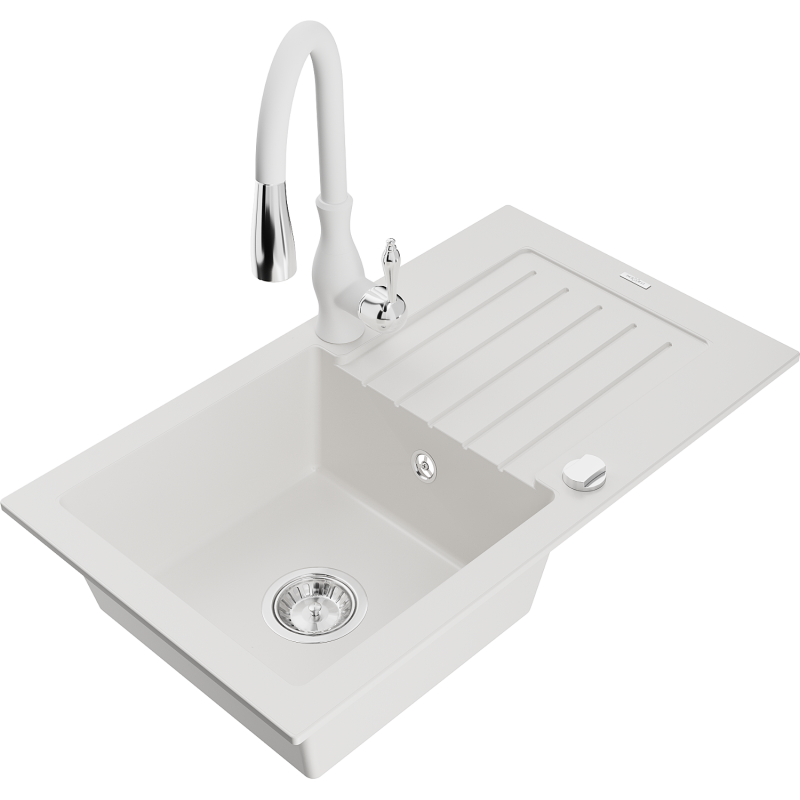 Mexen Pablo graniittinen 1-allas keittiöallas valutustasolla ja keittiöhanalla Savita, valkoinen - 6510-20-672601-20