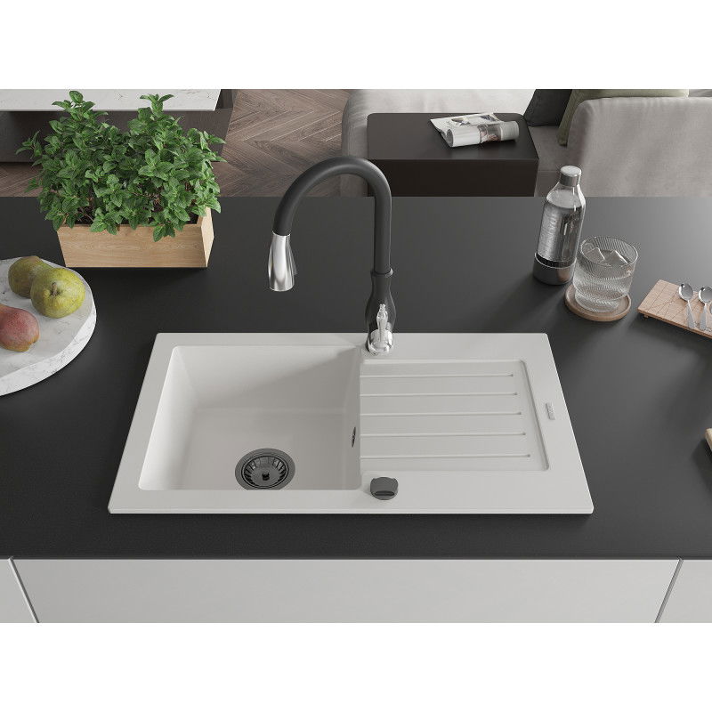 Mexen Pablo granite sink single-bowl with drainer and Savita kitchen tap, white - 6510-20-672601-70