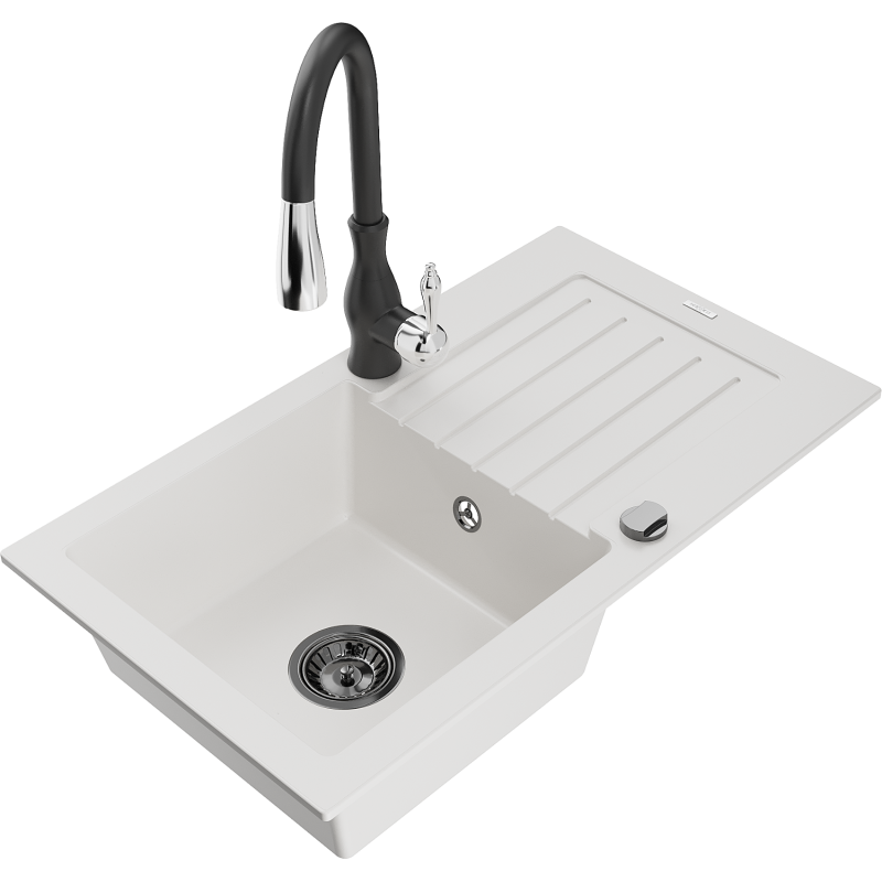 Mexen Pablo granite sink single-bowl with drainer and Savita kitchen tap, white - 6510-20-672601-70