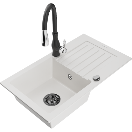 Mexen Pablo granite sink single-bowl with drainer and Savita kitchen tap, white - 6510-20-672601-70