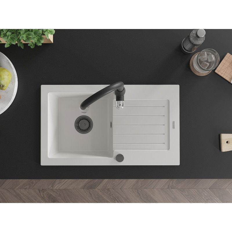 Mexen Pablo granīta izlietne ar vienu nodalījumu, notekas un virtuves jaucējkrānu Savita, balta - 6510-20-672601-70