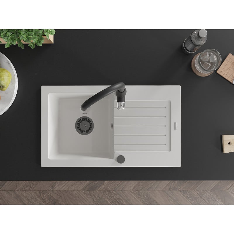 Mexen Pablo granite sink single-bowl with drainer and Savita kitchen tap, white - 6510-20-672601-70