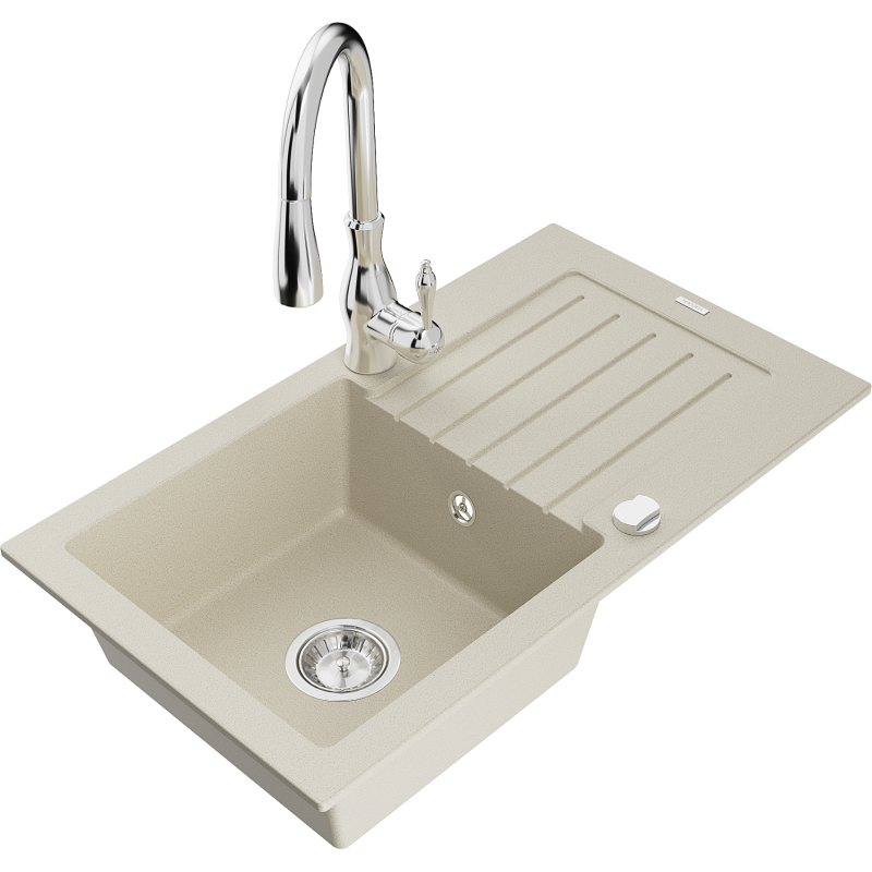 Mexen Pablo fregadero de granito de 1 seno con escurridor y grifo de cocina Savita, beige - 6510-69-672601-00