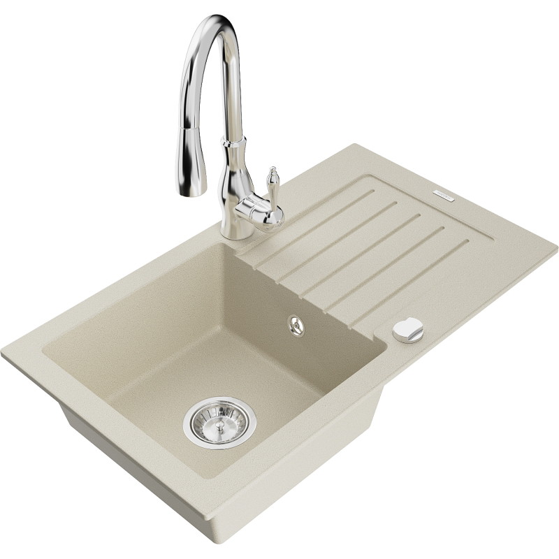 Mexen Pablo granit gootsteen 1-kamer met afdruiprek en keukenmengkraan Savita, beige - 6510-69-672601-00