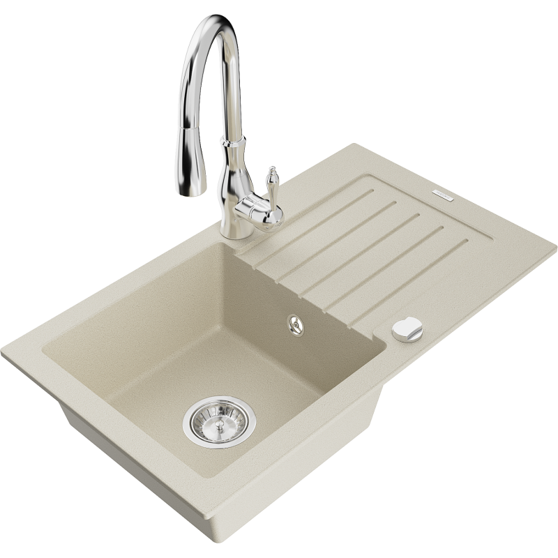 Mexen Pablo lava-louça de granito de 1 cuba com escorredor e torneira de cozinha Savita, bege - 6510-69-672601-00