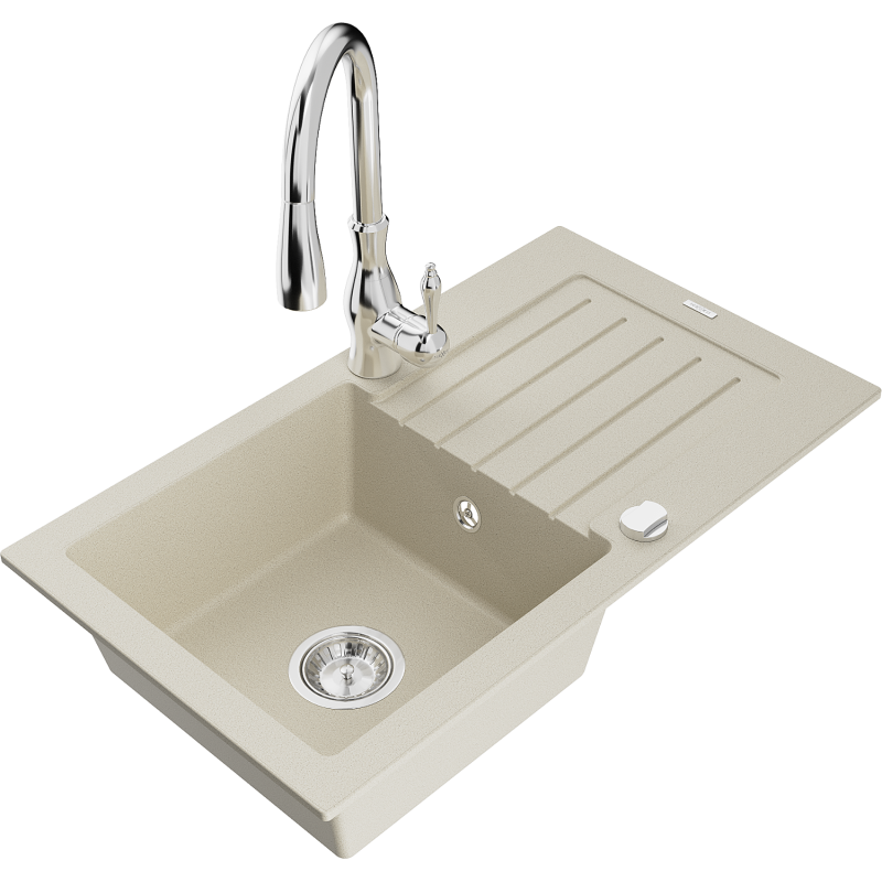 Mexen Pablo single-bowl granite sink with drainer and Savita kitchen tap, beige - 6510-69-672601-00