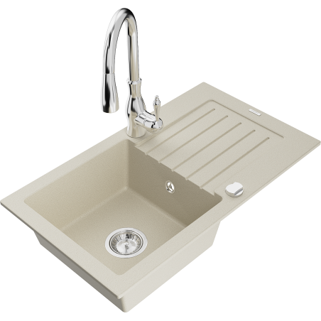 Mexen Pablo single-bowl granite sink with drainer and Savita kitchen faucet, beige - 6510-69-672601-00