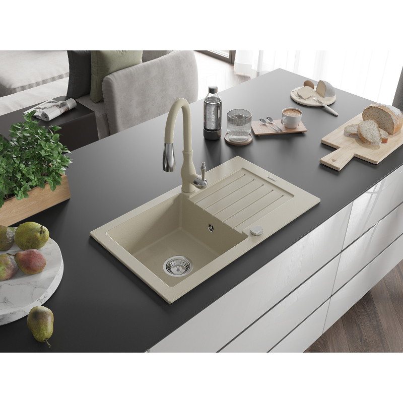 Mexen Pablo lavello in granito 1 vasca con sgocciolatoio e rubinetto da cucina Savita, beige - 6510-69-672601-69