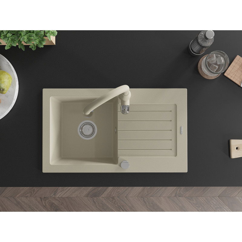 Mexen Pablo granite kitchen sink 1-bowl with drainer and Savita kitchen tap, beige - 6510-69-672601-69