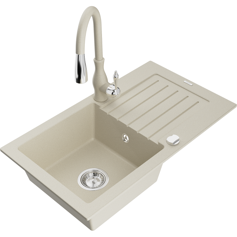 Mexen Pablo fregadero de granito de 1 cubeta con escurridor y grifo de cocina Savita, beige - 6510-69-672601-69